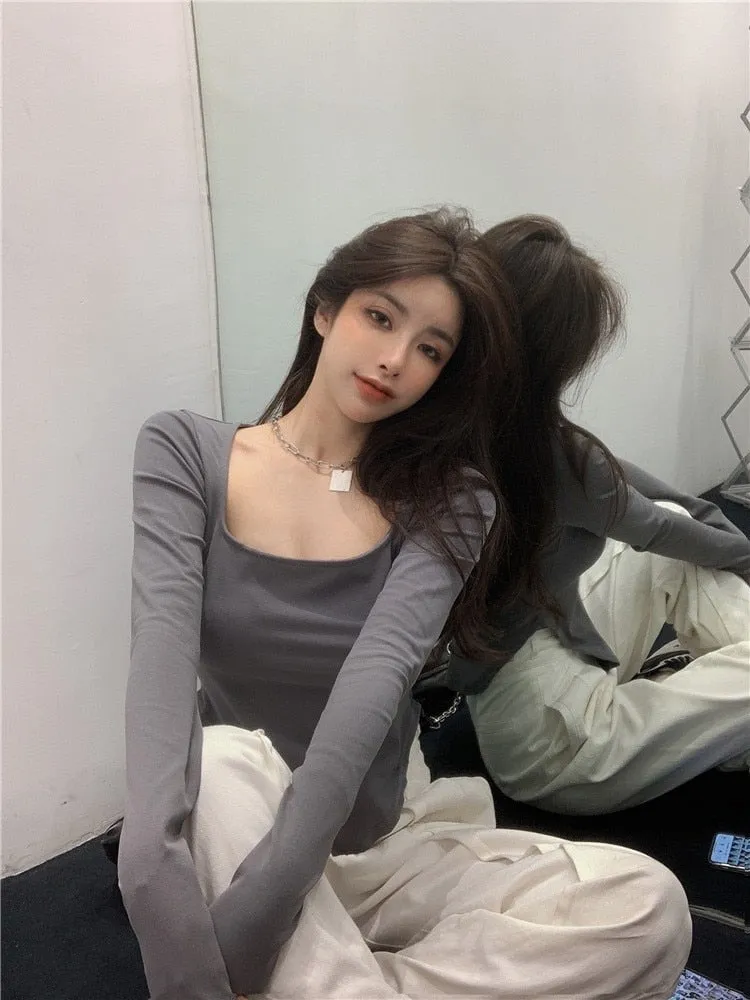 [ Korean Style] 2 Colors Slim Fit U-Neck Long Sleeve Tee