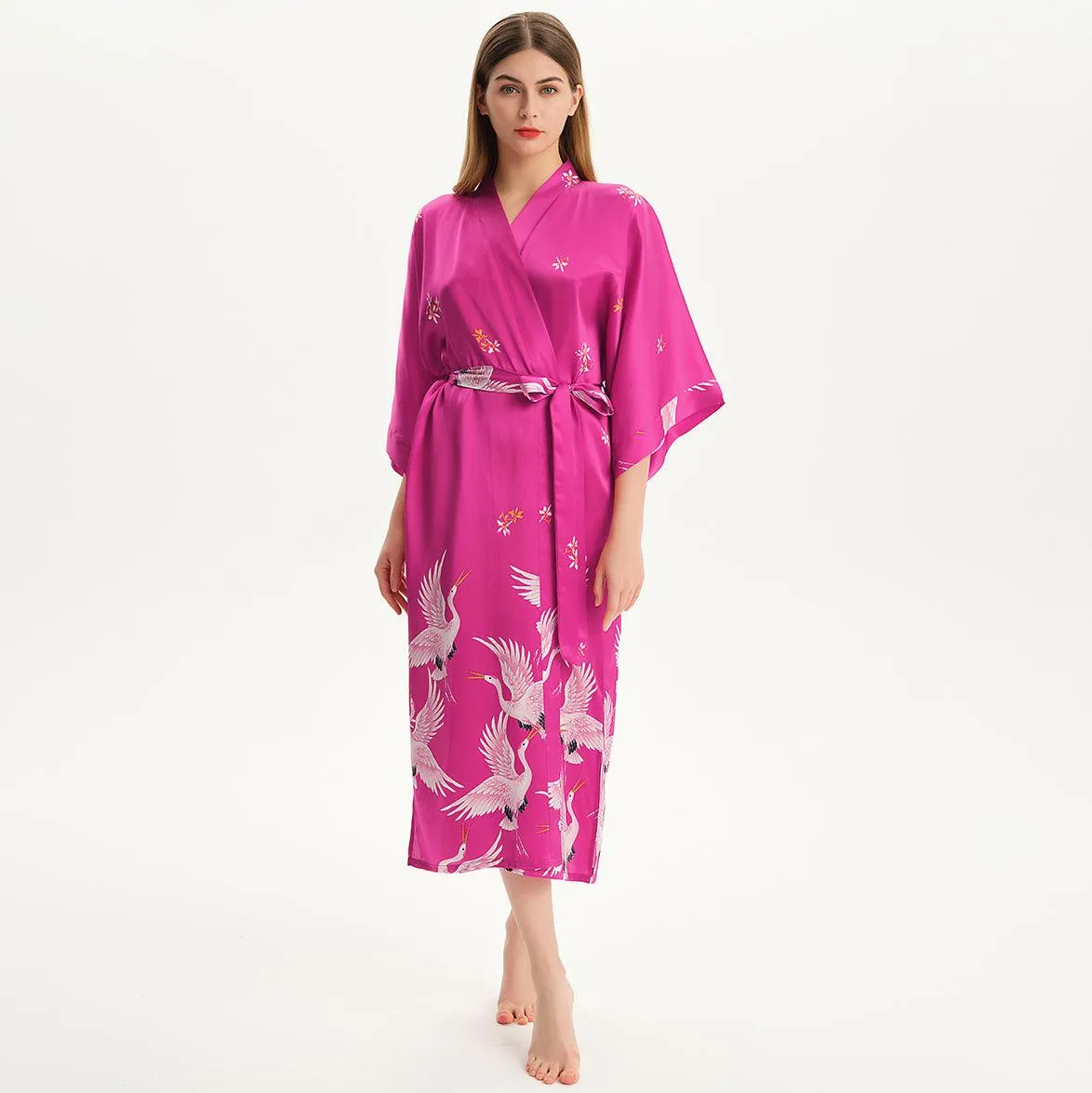 100% Pure Silk Kimono Robe For Women Long Sleeves Silk Robe White crane prints Bathrobe