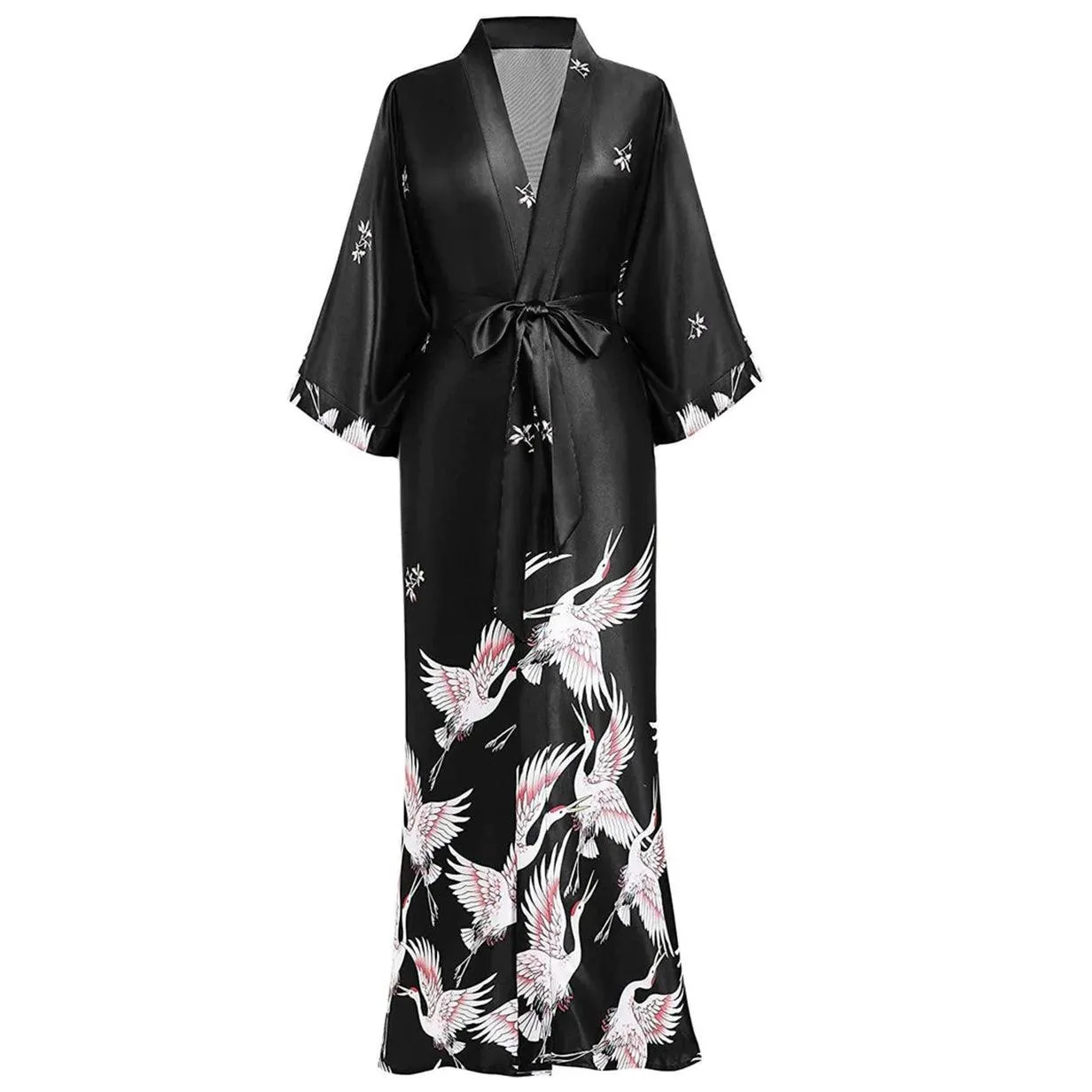 100% Pure Silk Kimono Robe For Women Long Sleeves Silk Robe White crane prints Bathrobe
