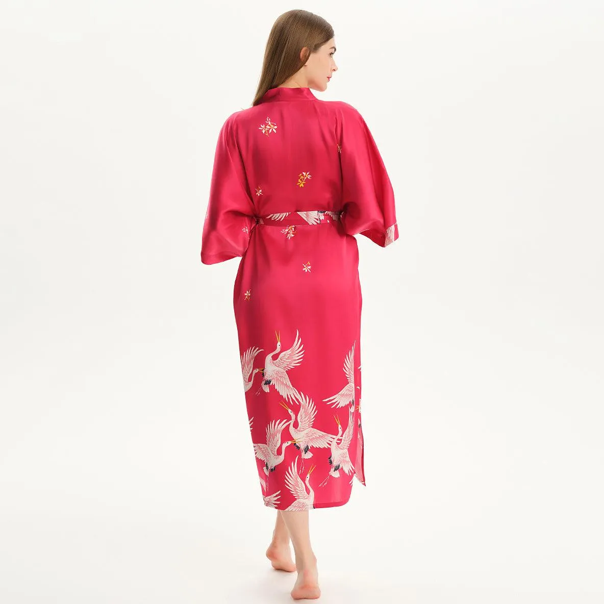 100% Pure Silk Kimono Robe For Women Long Sleeves Silk Robe White crane prints Bathrobe