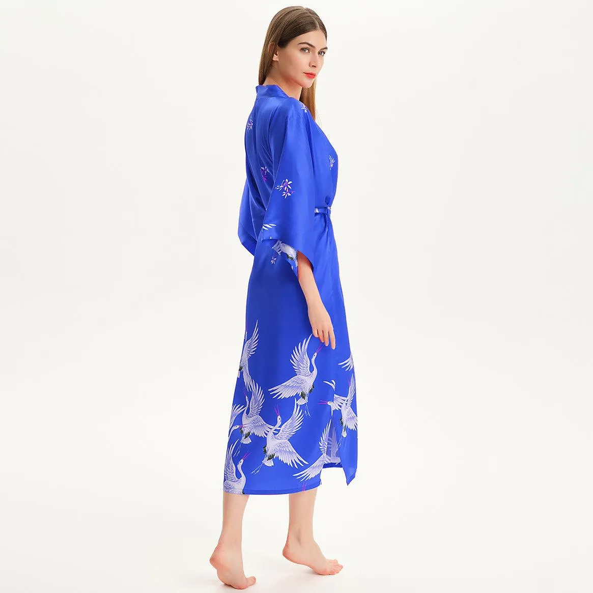 100% Pure Silk Kimono Robe For Women Long Sleeves Silk Robe White crane prints Bathrobe