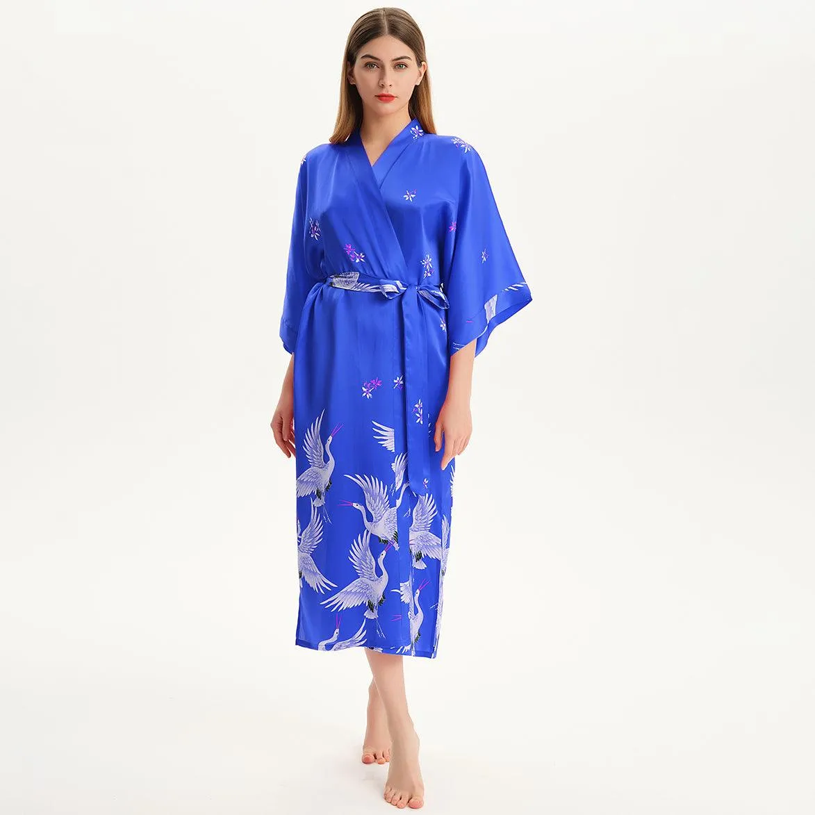 100% Pure Silk Kimono Robe For Women Long Sleeves Silk Robe White crane prints Bathrobe