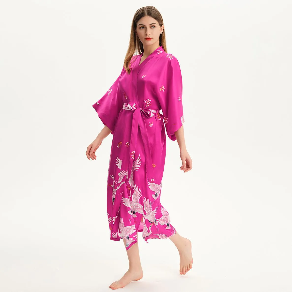 100% Pure Silk Kimono Robe For Women Long Sleeves Silk Robe White crane prints Bathrobe