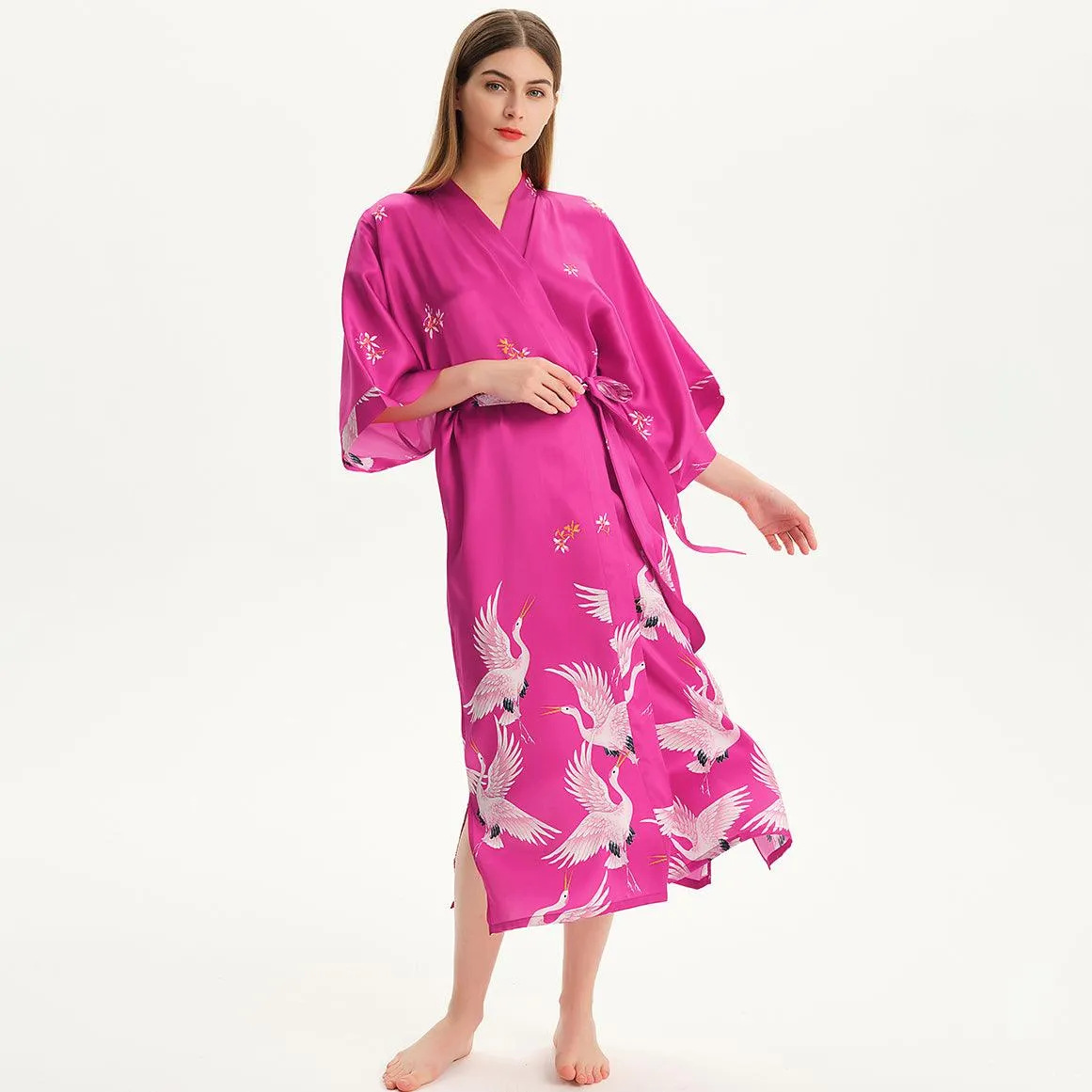 100% Pure Silk Kimono Robe For Women Long Sleeves Silk Robe White crane prints Bathrobe