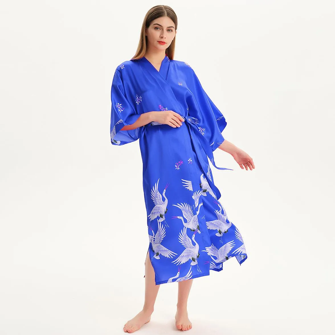 100% Pure Silk Kimono Robe For Women Long Sleeves Silk Robe White crane prints Bathrobe