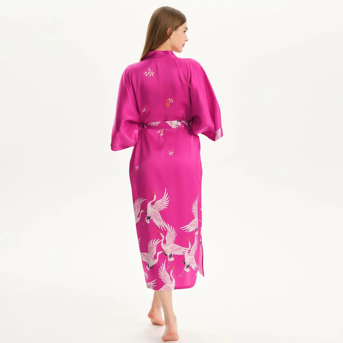 100% Pure Silk Kimono Robe For Women Long Sleeves Silk Robe White crane prints Bathrobe
