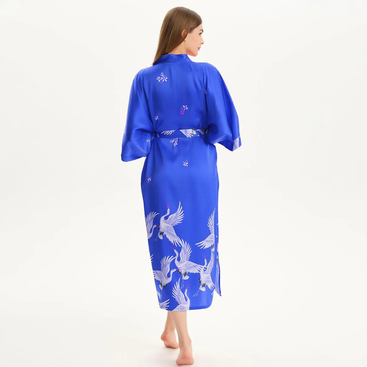 100% Pure Silk Kimono Robe For Women Long Sleeves Silk Robe White crane prints Bathrobe