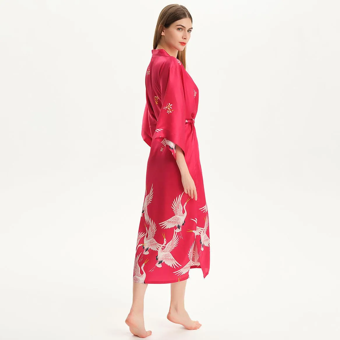 100% Pure Silk Kimono Robe For Women Long Sleeves Silk Robe White crane prints Bathrobe