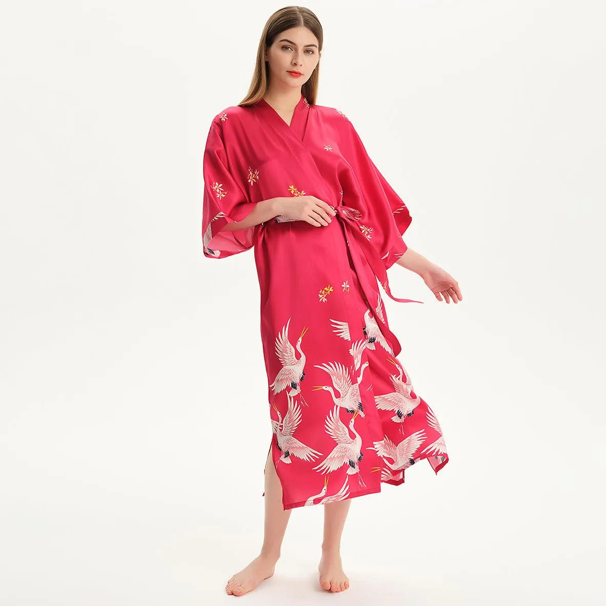 100% Pure Silk Kimono Robe For Women Long Sleeves Silk Robe White crane prints Bathrobe