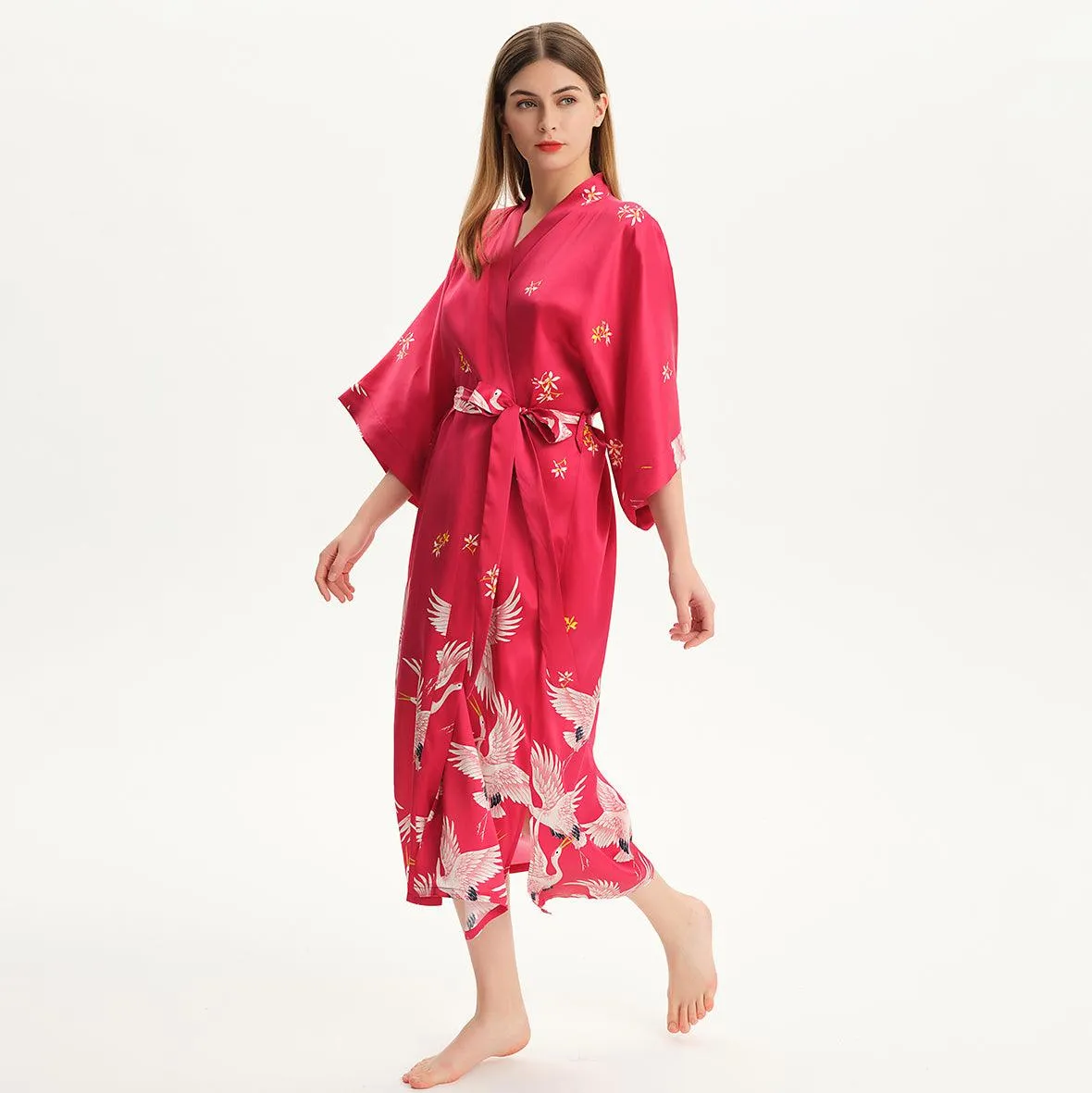 100% Pure Silk Kimono Robe For Women Long Sleeves Silk Robe White crane prints Bathrobe