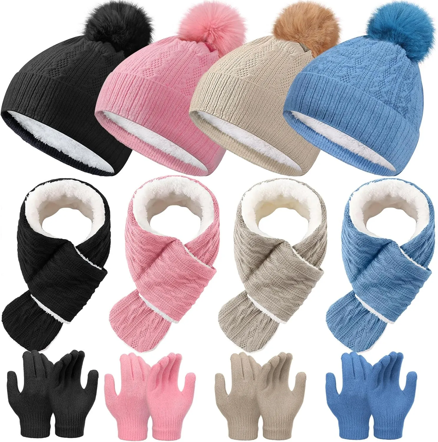 12 Pcs Kids Winter Beanie Hat Gloves Scarf Set for 3-5 Toddler Pom Fleece Scarf Knit Cap Children for Boys Gift Girls