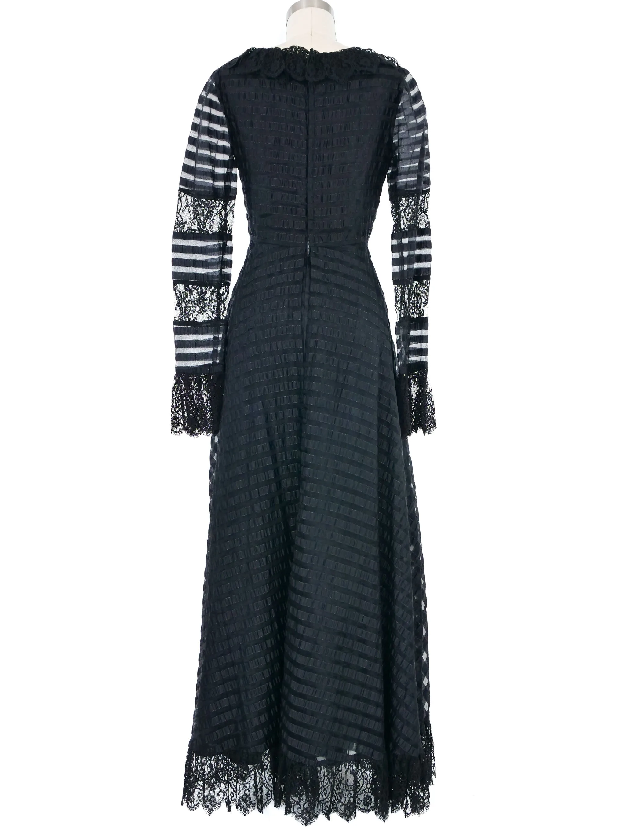 1970s Jean Varon Black Ribbon Lace Silk Dress