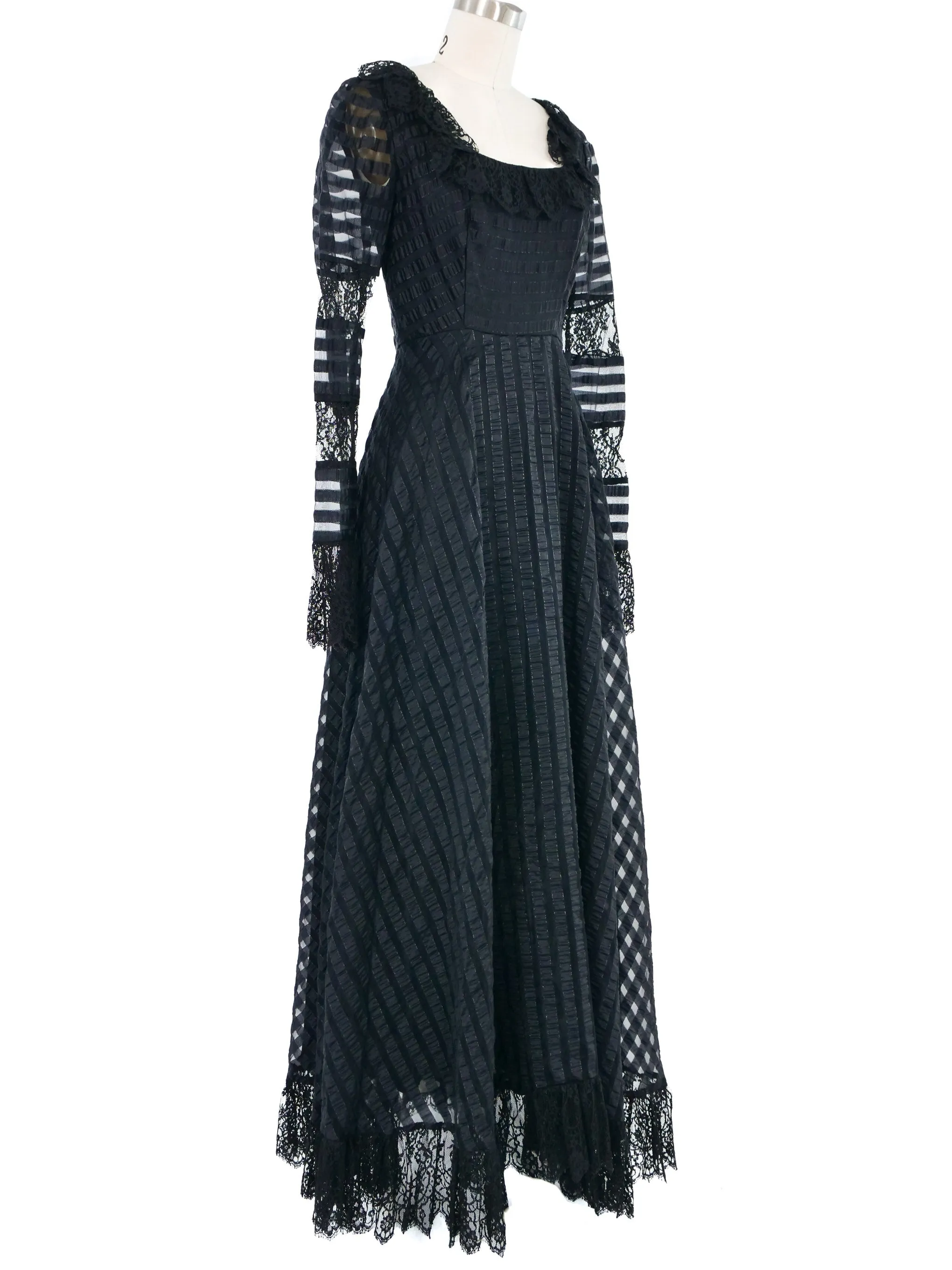1970s Jean Varon Black Ribbon Lace Silk Dress