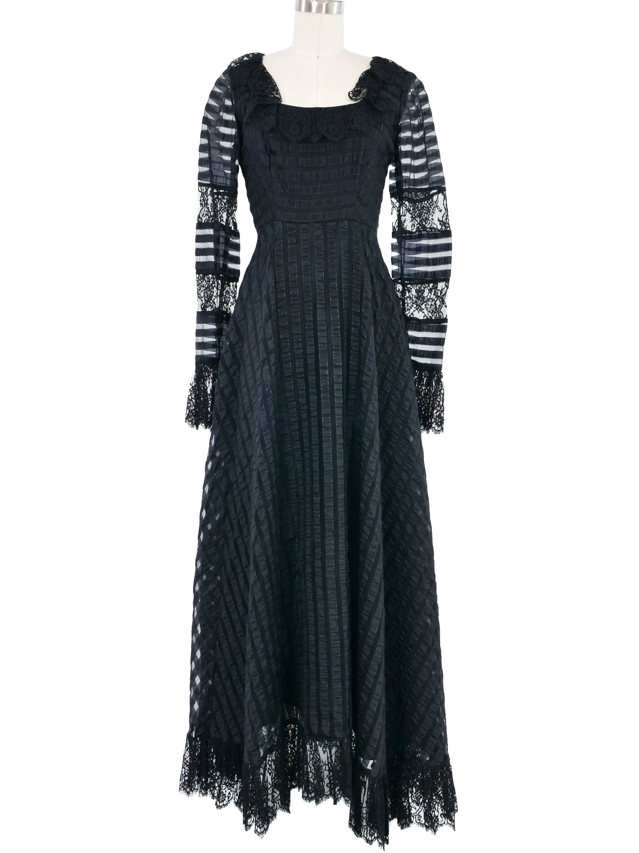 1970s Jean Varon Black Ribbon Lace Silk Dress