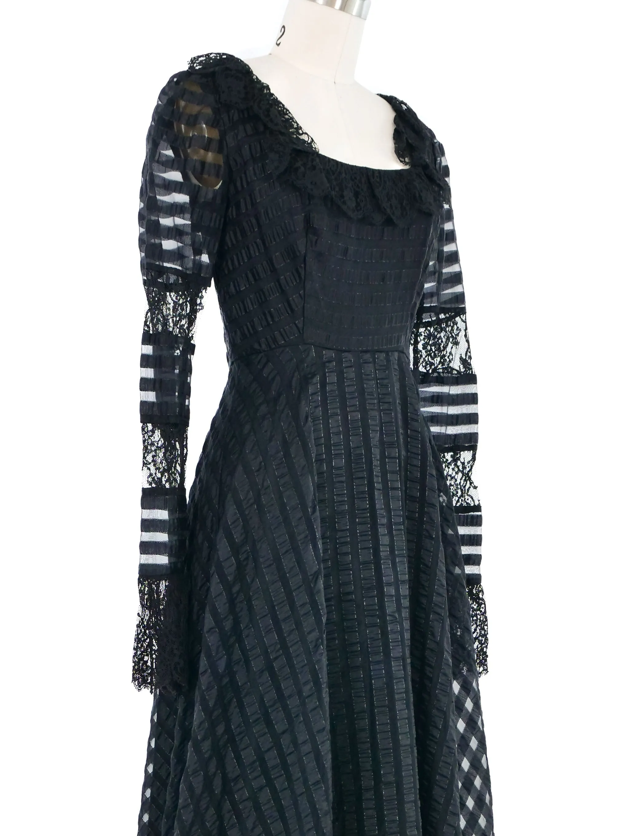 1970s Jean Varon Black Ribbon Lace Silk Dress