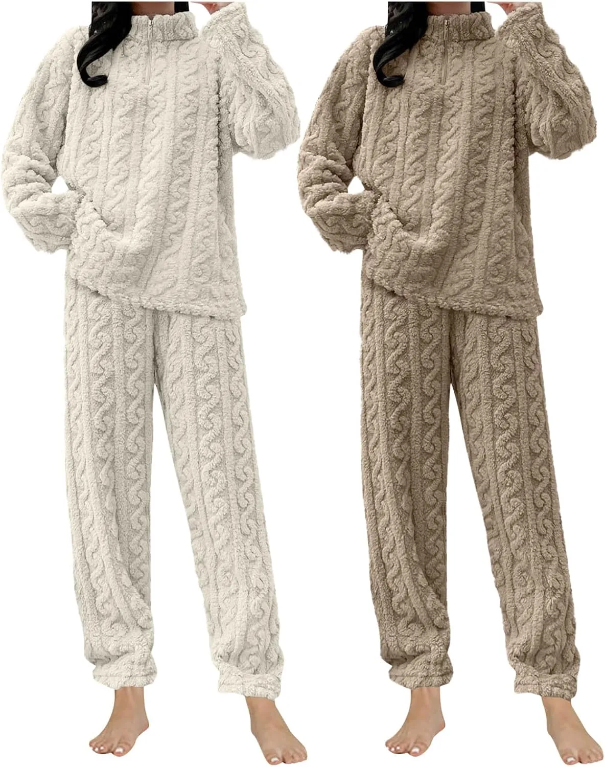 2 Pack Womens Fluffy Pajamas Set Soft Fuzzy Fleece Pullover And Pants Lounge Set Two Piece Cute Flannel Pjs Sleepwear