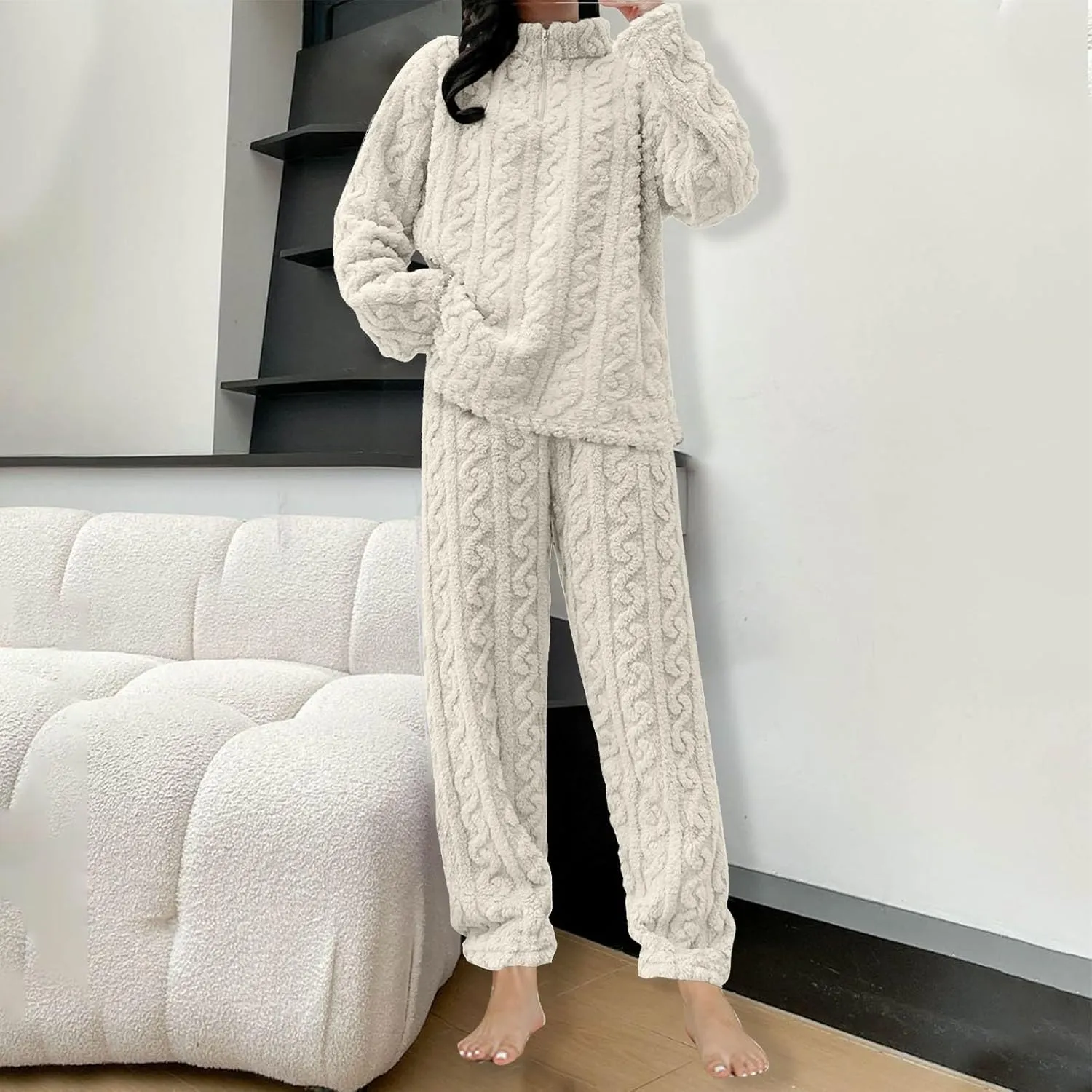 2 Pack Womens Fluffy Pajamas Set Soft Fuzzy Fleece Pullover And Pants Lounge Set Two Piece Cute Flannel Pjs Sleepwear