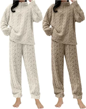 2 Pack Womens Fluffy Pajamas Set Soft Fuzzy Fleece Pullover And Pants Lounge Set Two Piece Cute Flannel Pjs Sleepwear