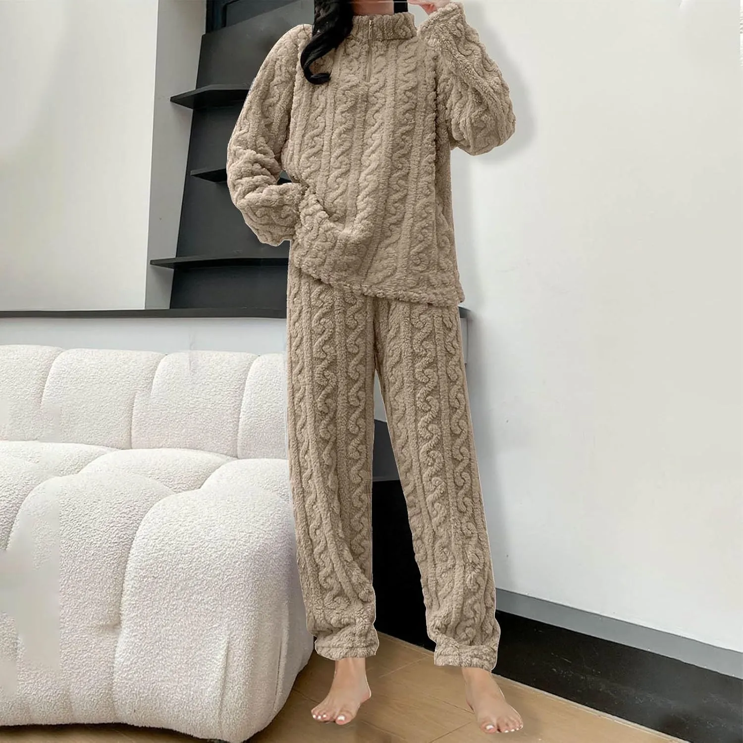 2 Pack Womens Fluffy Pajamas Set Soft Fuzzy Fleece Pullover And Pants Lounge Set Two Piece Cute Flannel Pjs Sleepwear