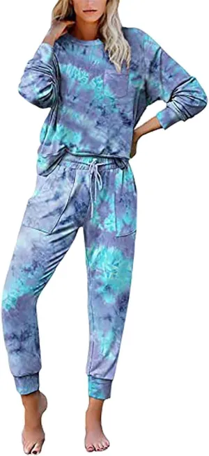 2 Pack Womens Pajama Sets Long Sleeve Cotton Lounge Sets Soft Pj Crew Neck Sleepwear and Drawstring Pockets Jogger