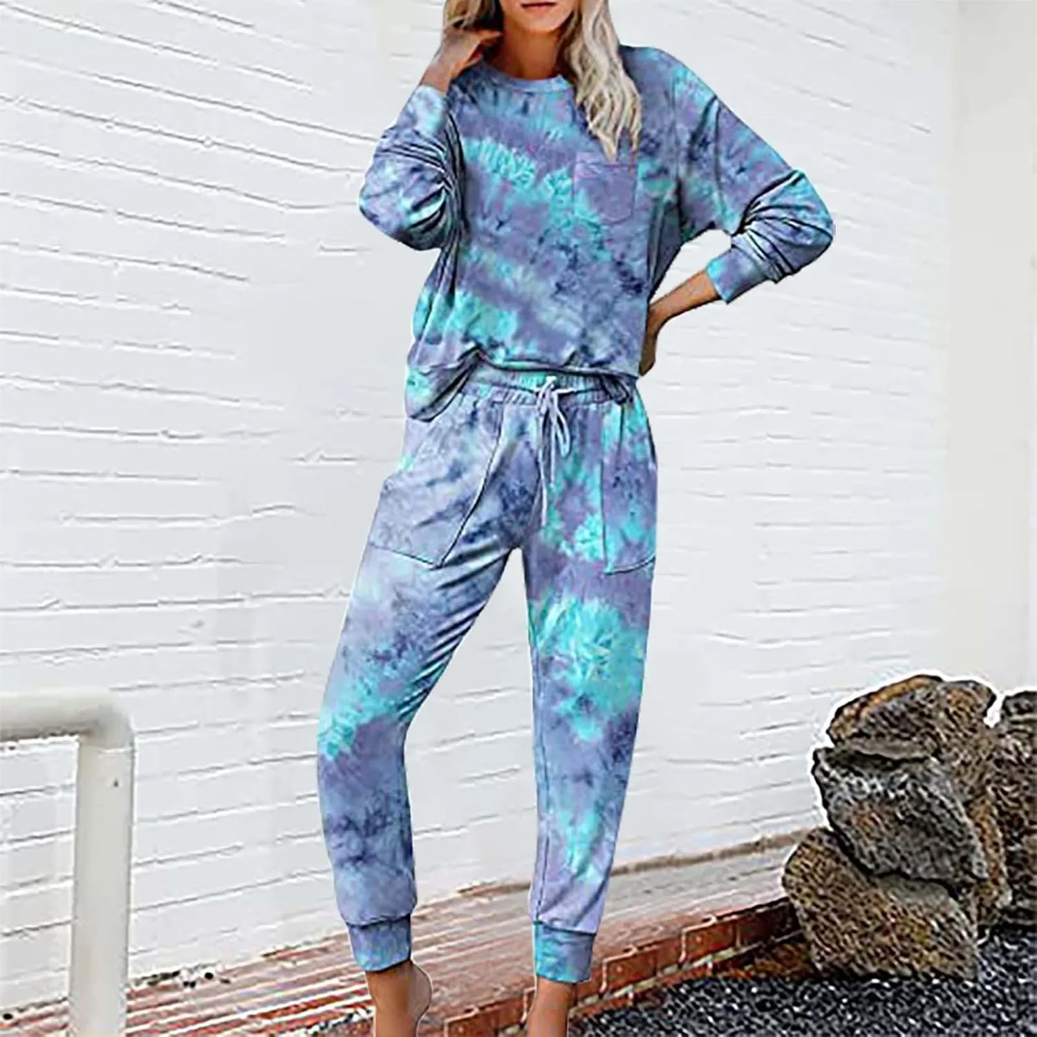 2 Pack Womens Pajama Sets Long Sleeve Cotton Lounge Sets Soft Pj Crew Neck Sleepwear and Drawstring Pockets Jogger