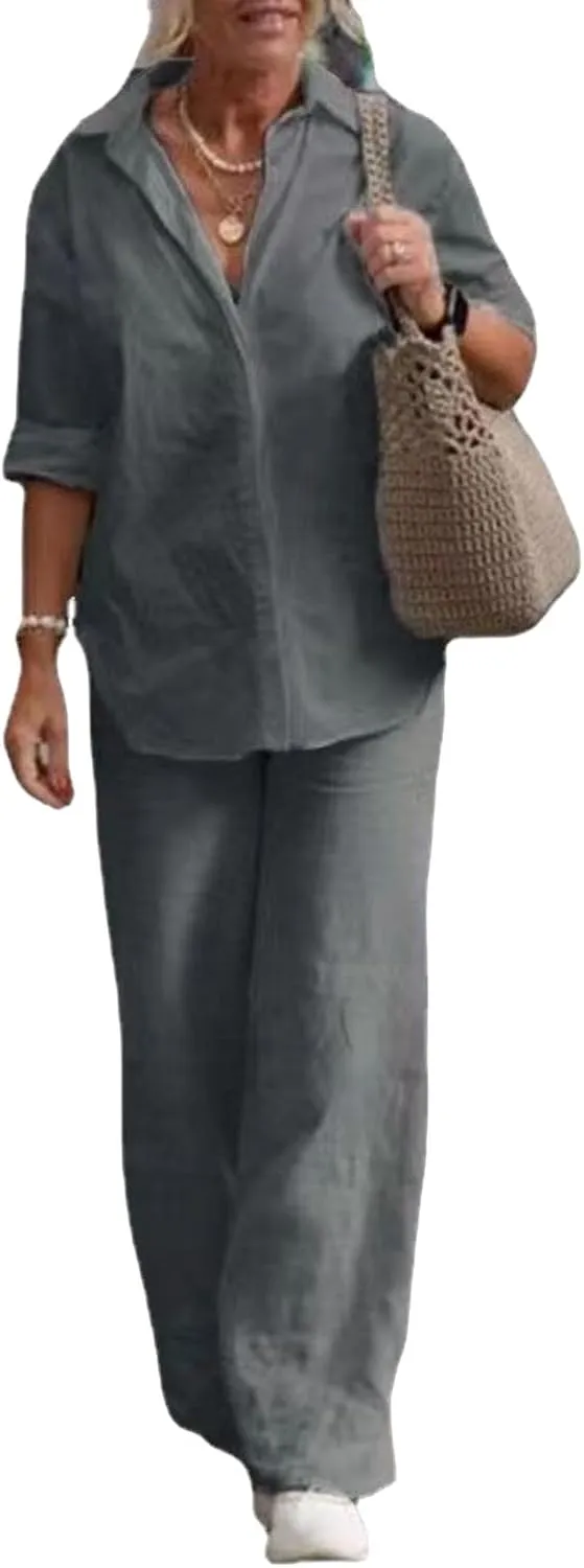 2 Piece Cotton Linen Outfits for Women 3/4 Sleeves Lapel Tops Csaual Business Sets Pants Suit