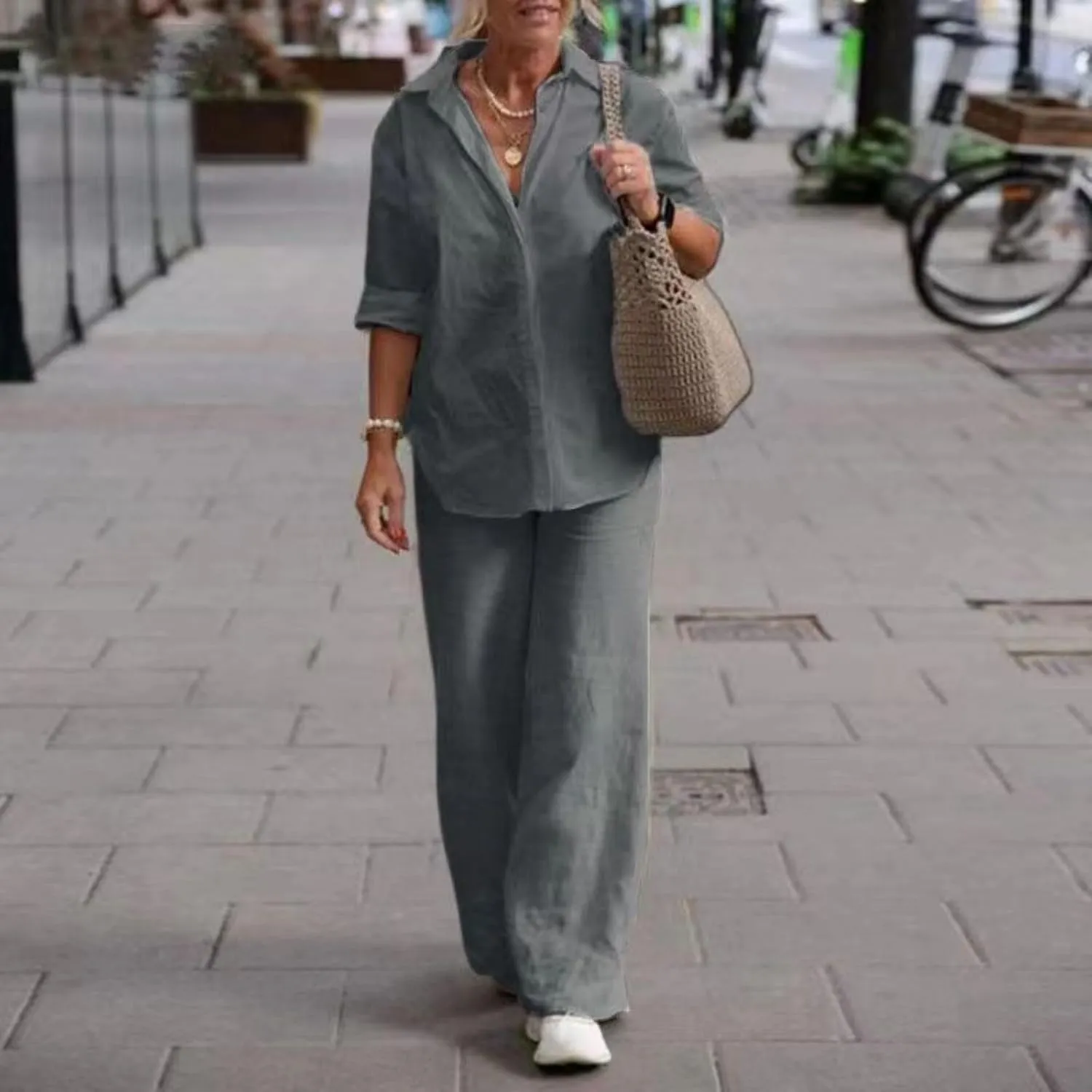 2 Piece Cotton Linen Outfits for Women 3/4 Sleeves Lapel Tops Csaual Business Sets Pants Suit