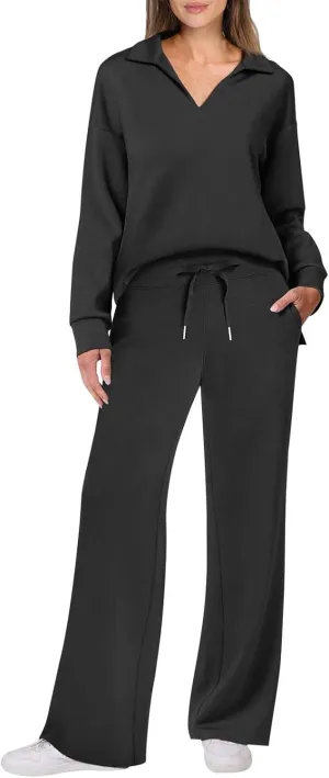 2 Piece Housecoats Sets for Women Long Sleeve V Neck Tops Drawstring Full Long Pants Casual Soft Warm Pajama