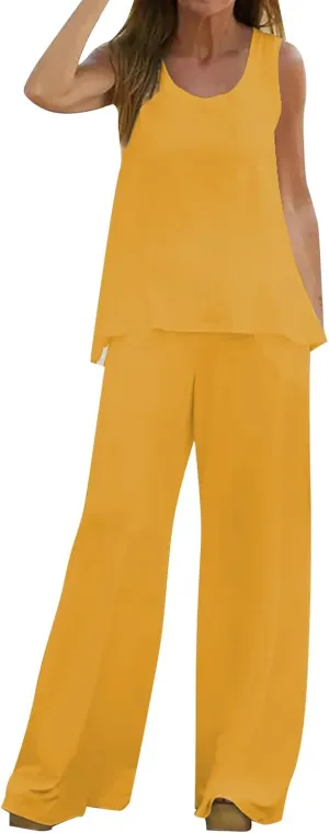 2 Piece Linen Sets for Women Short Sleeve Summer Tops Wide Leg Pants Casual Matching Tracksuits Travel Outfits