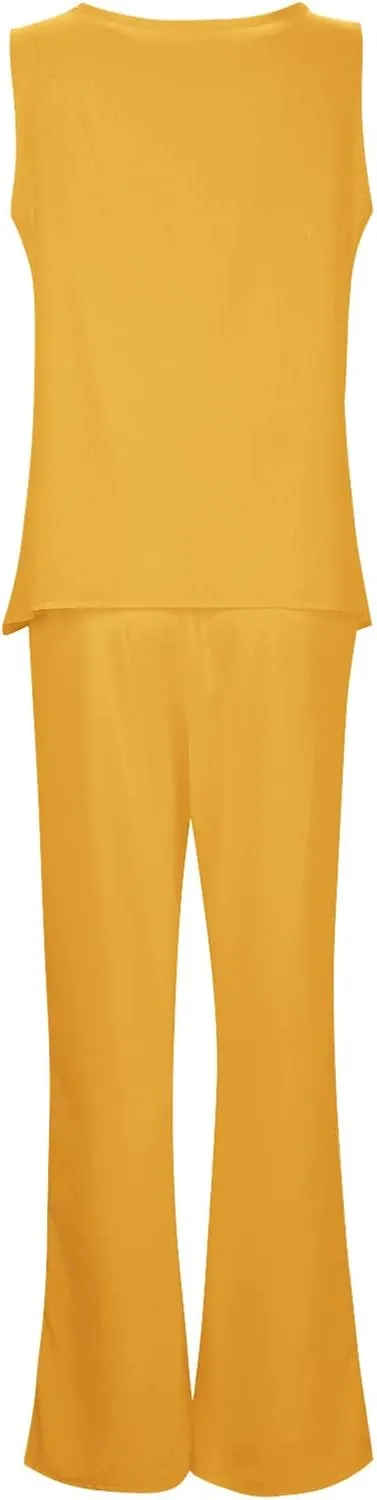 2 Piece Linen Sets for Women Short Sleeve Summer Tops Wide Leg Pants Casual Matching Tracksuits Travel Outfits