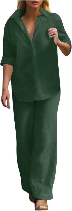 2 Piece Linen Sets for Women Straight Wide Leg Pants Set Short Sleeve T-shirt Casual Outfits Comfy Loungewear