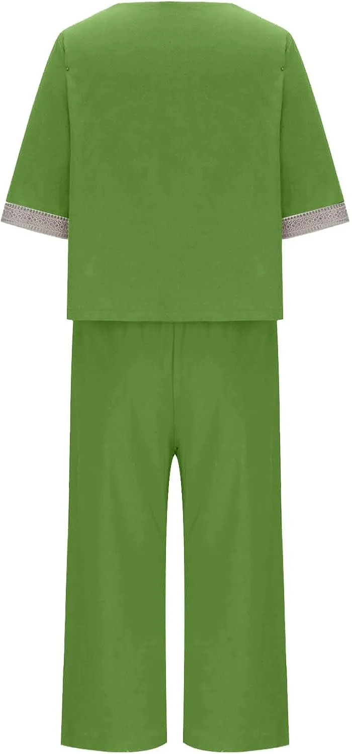 2 Piece Lounge Set Women Beach Cotton Linen Loungewear Sets Summer Casual V Neck Short Sleeve Matching Set