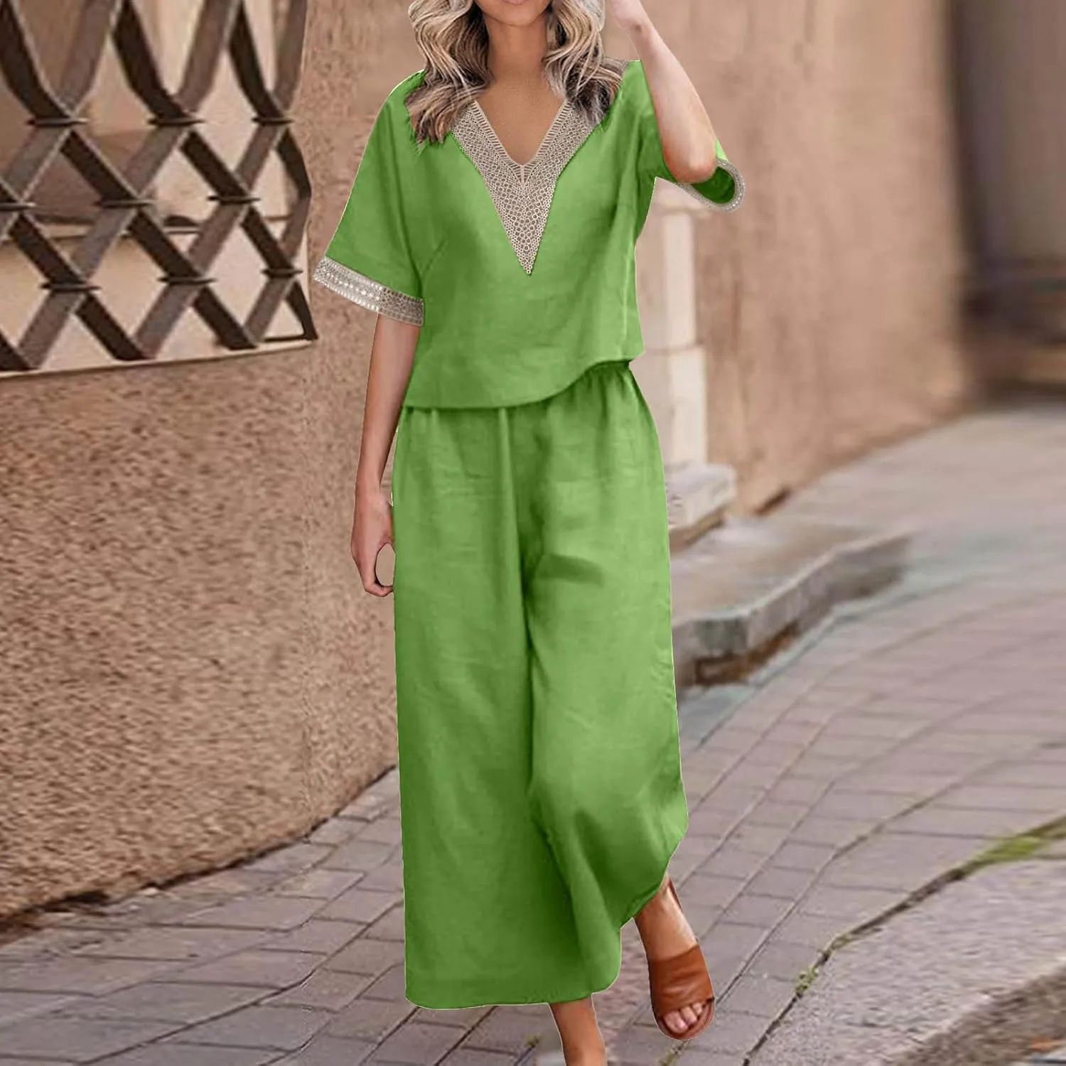 2 Piece Lounge Set Women Beach Cotton Linen Loungewear Sets Summer Casual V Neck Short Sleeve Matching Set