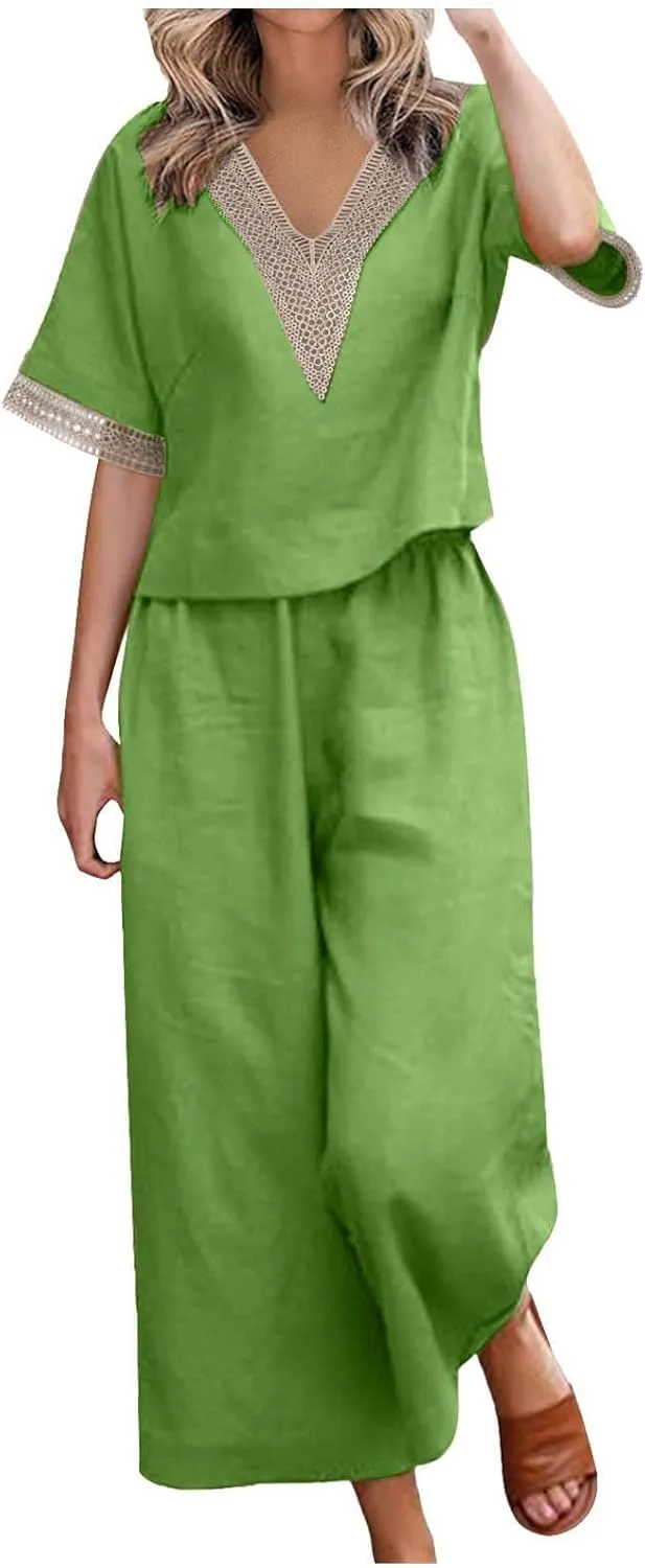 2 Piece Lounge Set Women Beach Cotton Linen Loungewear Sets Summer Casual V Neck Short Sleeve Matching Set