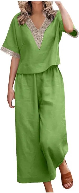 2 Piece Lounge Set Women Beach Cotton Linen Loungewear Sets Summer Casual V Neck Short Sleeve Matching Set