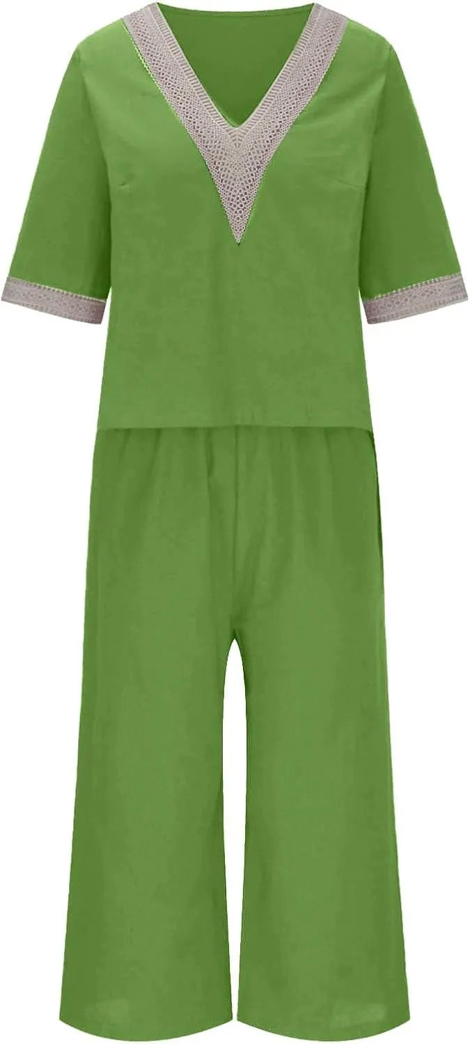 2 Piece Lounge Set Women Beach Cotton Linen Loungewear Sets Summer Casual V Neck Short Sleeve Matching Set