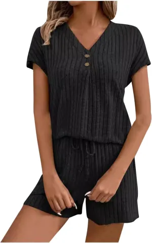 2 Piece Outfits for Women Lounge Knit Sets V Neck Button Down Short Sleeve Top Elastic Waist Shorts Comfy Casual Sets