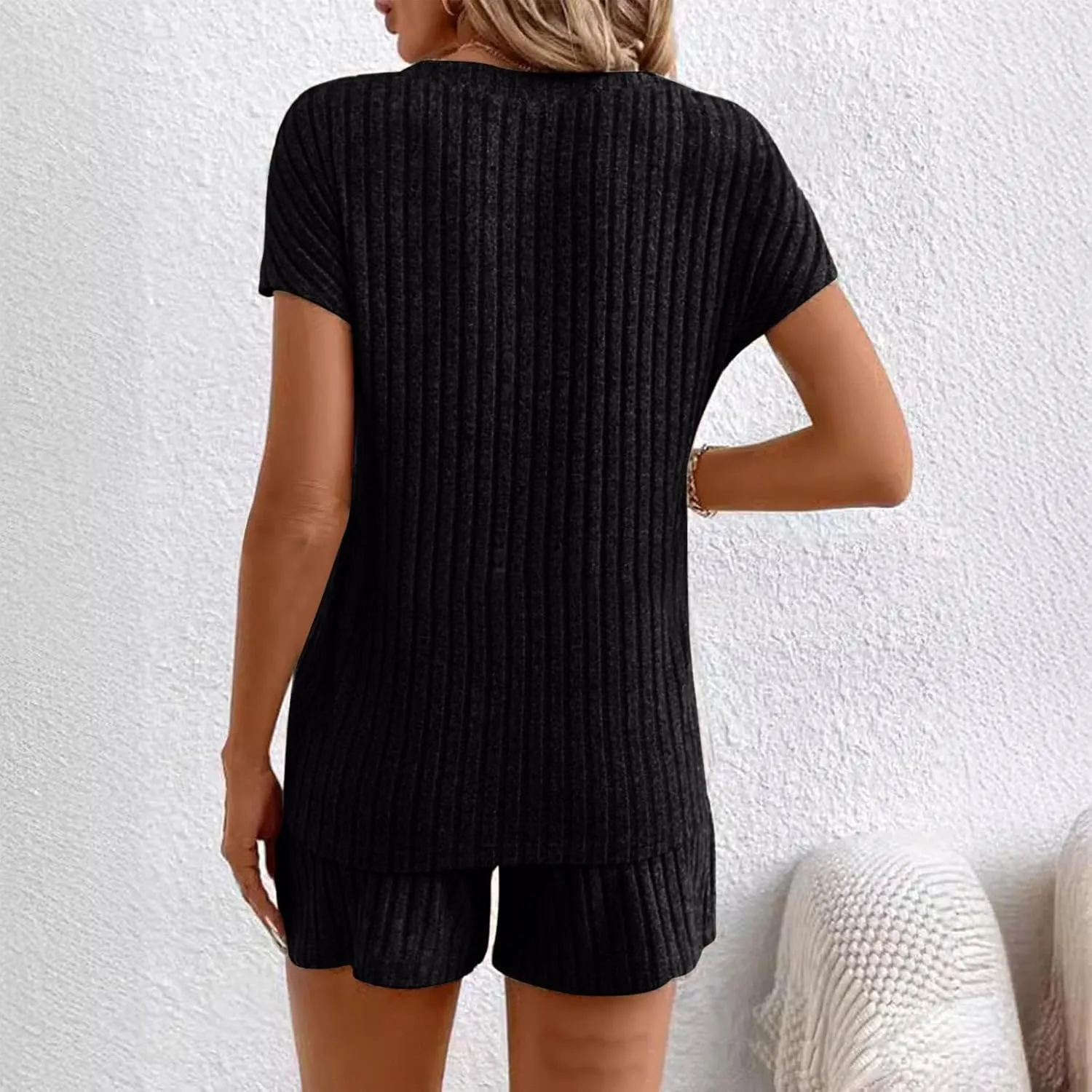 2 Piece Outfits for Women Lounge Knit Sets V Neck Button Down Short Sleeve Top Elastic Waist Shorts Comfy Casual Sets