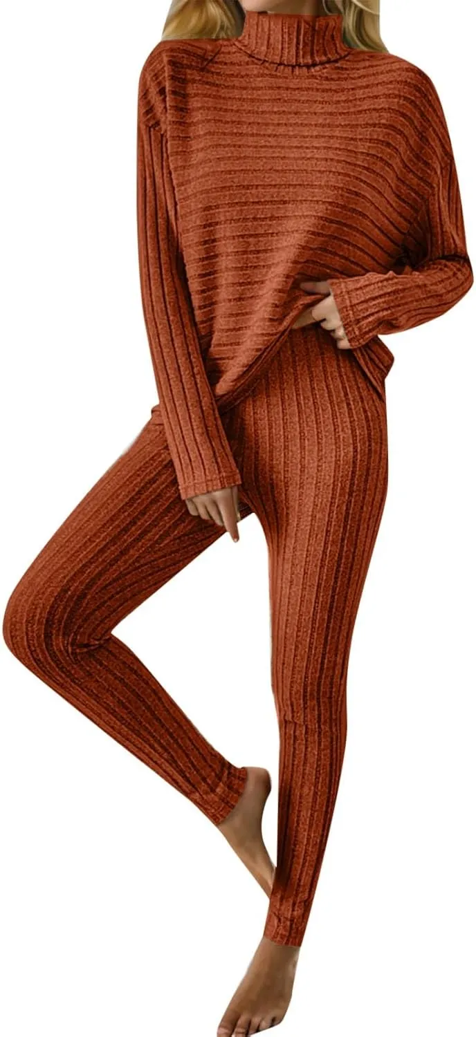 2 Piece Outfits Women Soft Knitted Lounge Wear Sets Casual Round Neck Long Sleeve Sweatshirts High Waist Pants Tracksuit