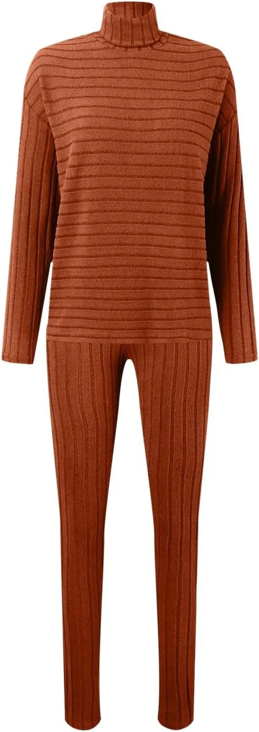 2 Piece Outfits Women Soft Knitted Lounge Wear Sets Casual Round Neck Long Sleeve Sweatshirts High Waist Pants Tracksuit