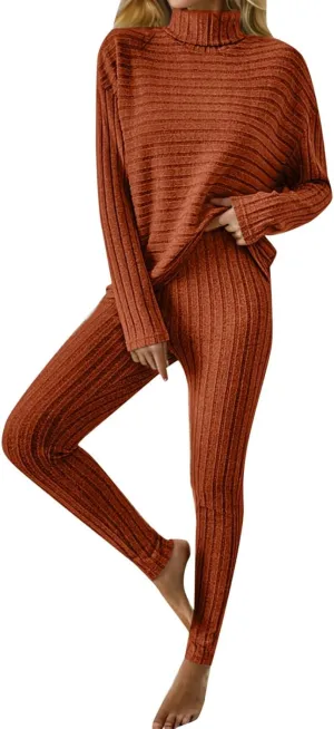 2 Piece Outfits Women Soft Knitted Lounge Wear Sets Casual Round Neck Long Sleeve Sweatshirts High Waist Pants Tracksuit
