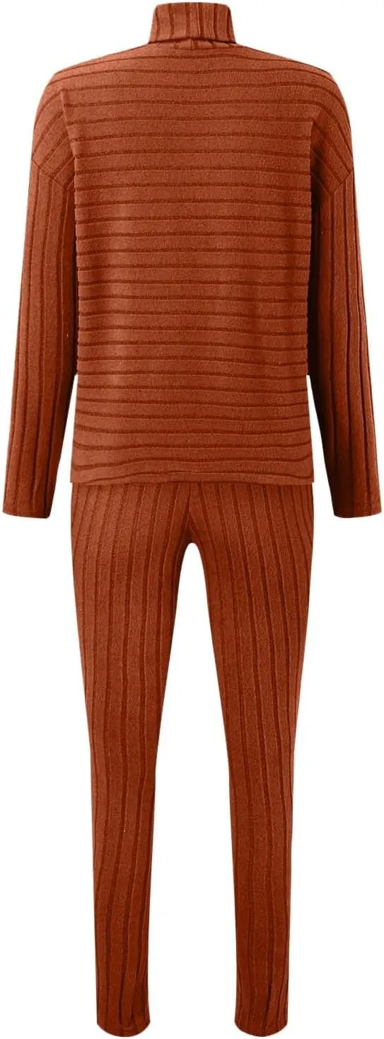 2 Piece Outfits Women Soft Knitted Lounge Wear Sets Casual Round Neck Long Sleeve Sweatshirts High Waist Pants Tracksuit