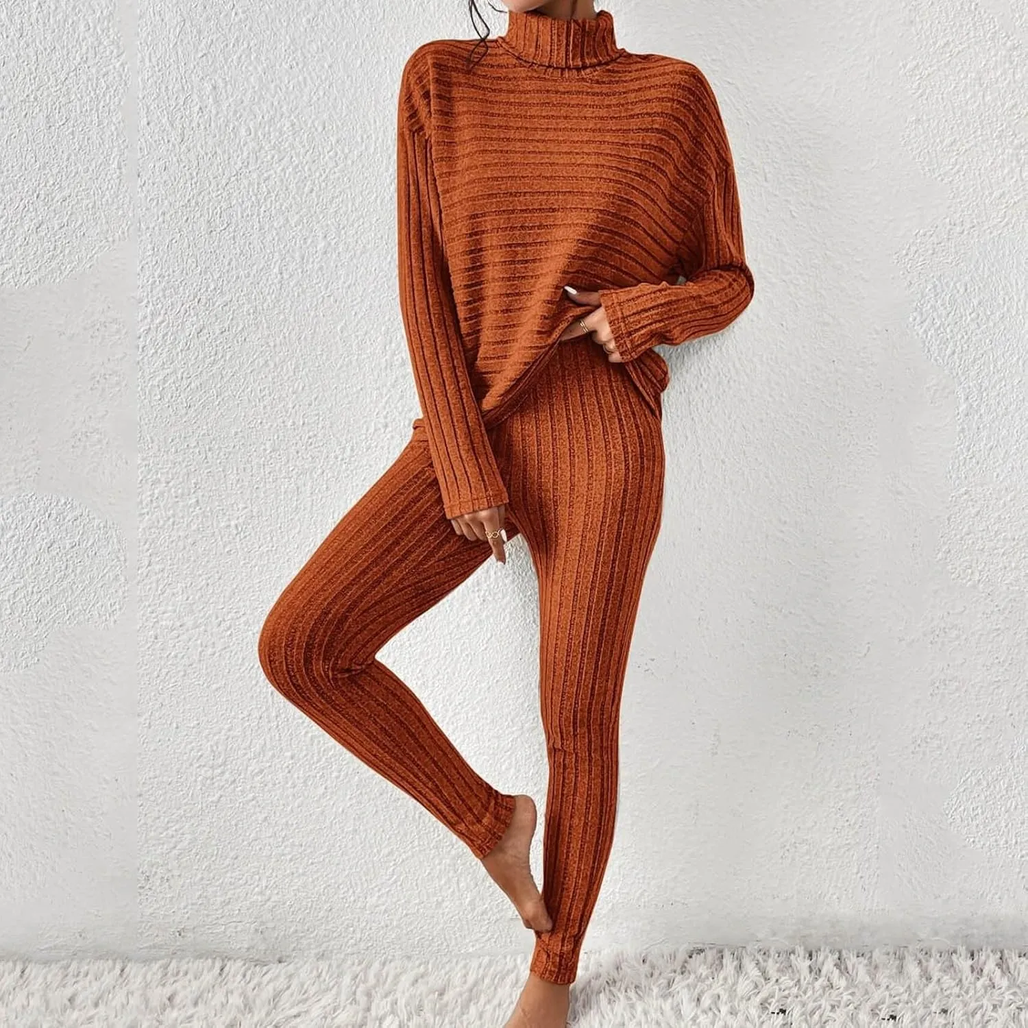 2 Piece Outfits Women Soft Knitted Lounge Wear Sets Casual Round Neck Long Sleeve Sweatshirts High Waist Pants Tracksuit