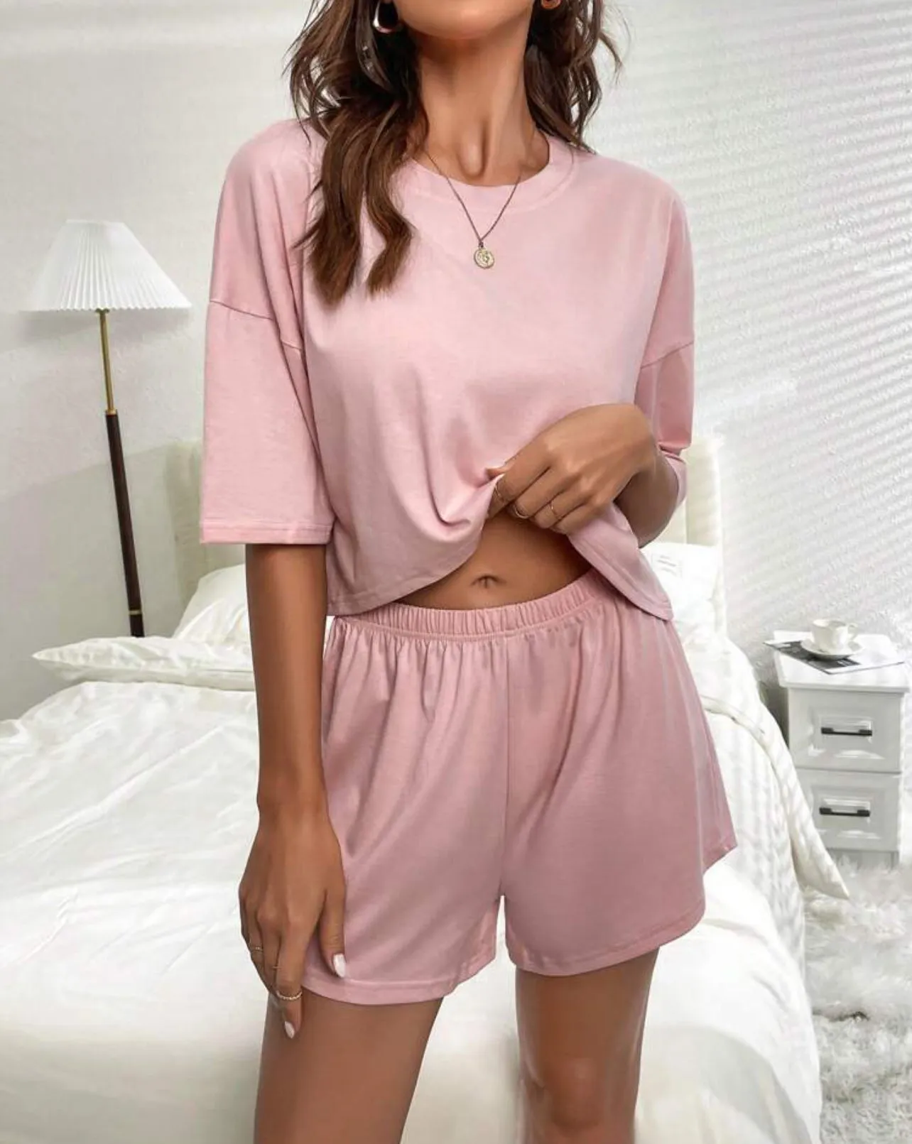 2 Piece Pajama Lounge Set with Cropped Short Sleeve Top and Short