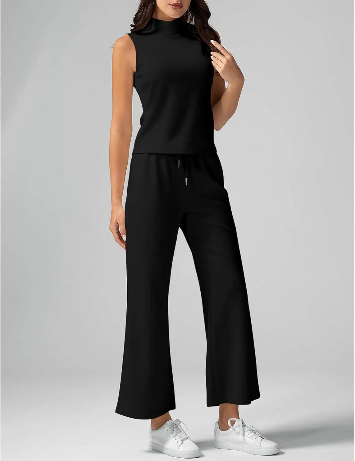 2 Piece Pant Sets for Women Casual High Collar Sleeveless Tops Drawstring Wide Leg Pants Outfits Plain Loungewear