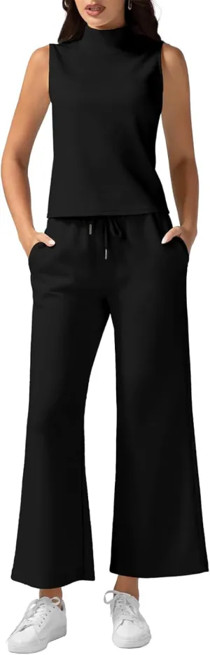 2 Piece Pant Sets for Women Casual High Collar Sleeveless Tops Drawstring Wide Leg Pants Outfits Plain Loungewear
