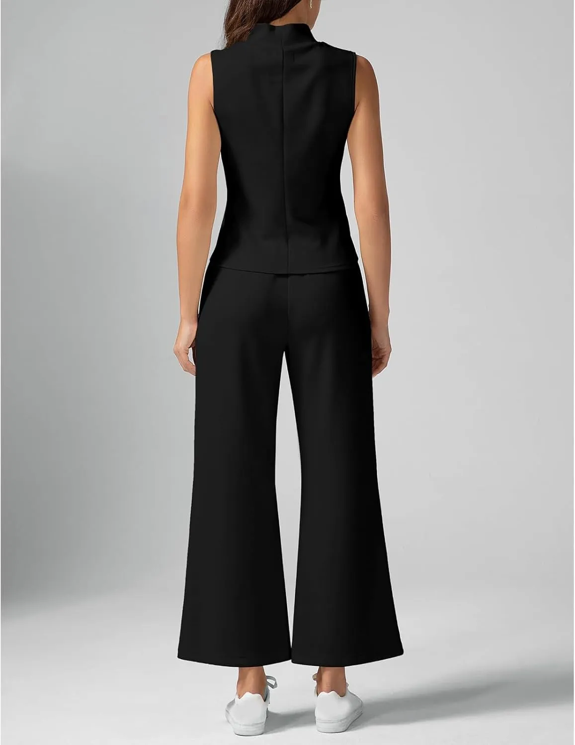 2 Piece Pant Sets for Women Casual High Collar Sleeveless Tops Drawstring Wide Leg Pants Outfits Plain Loungewear