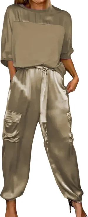 2 Piece Pant Sets for Women Comfy Satin Crew Neck Half Sleeve Tops Drawstring Pants Outfits Casual Loose Loungewear