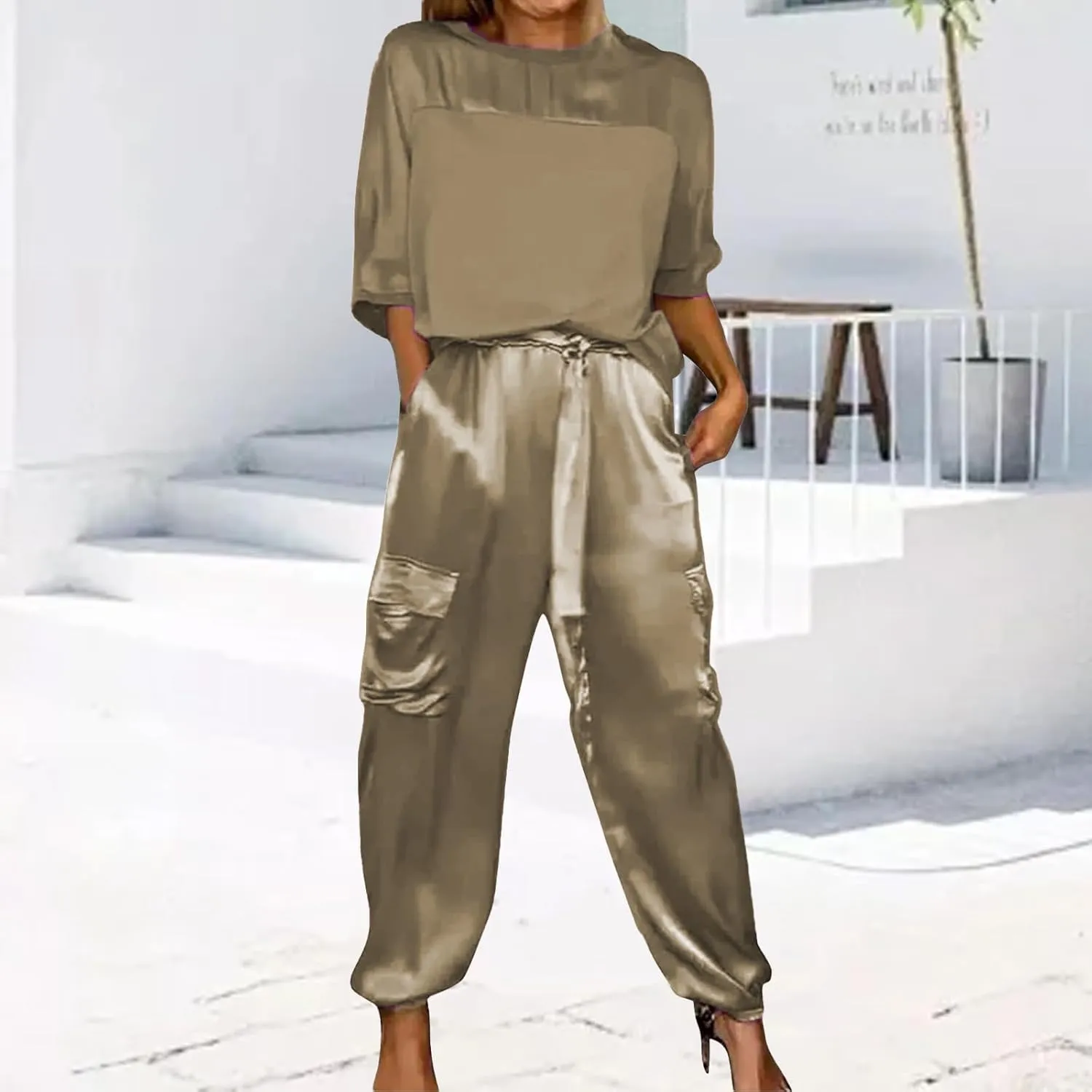 2 Piece Pant Sets for Women Comfy Satin Crew Neck Half Sleeve Tops Drawstring Pants Outfits Casual Loose Loungewear