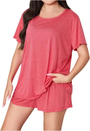 2 Piece Plus Size Outfits for Women Solid Color Classic Pajamas Sleepwear Casual Oversized Shirts and Shorts Sets